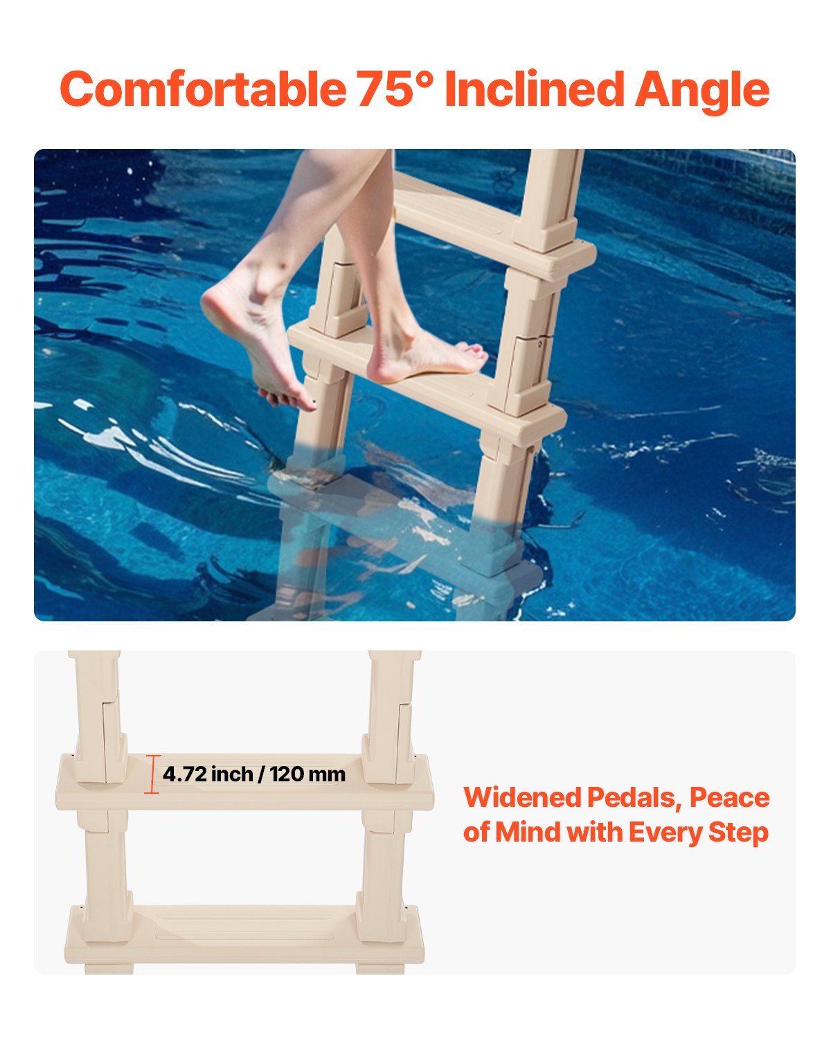 VEVOR 5-Step Inclined Pool Ladder of 2 Handrails Loads 300 lb for 48-54 In Pool 