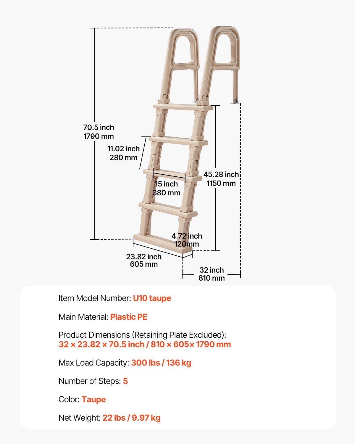 VEVOR 5-Step Inclined Pool Ladder of 2 Handrails Loads 300 lb for 48-54 In Pool 