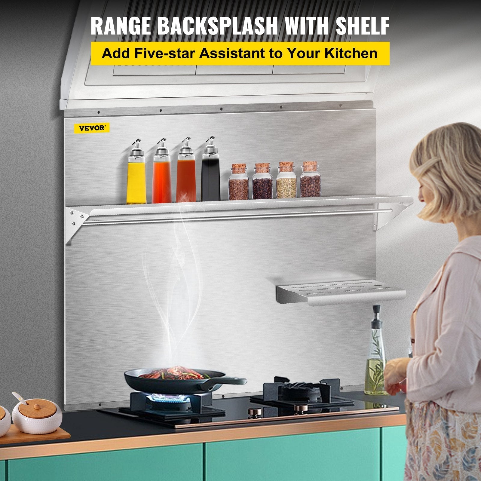 VEVOR Range Backsplash with Shelf 36 x 30.7 Inch Range Hood Wall Shield, Stainless Steel Backsplash Silver Splash Plate for Range Hood Stainless Backsplash with Built-in Storage Shelf and Hanging Rack 