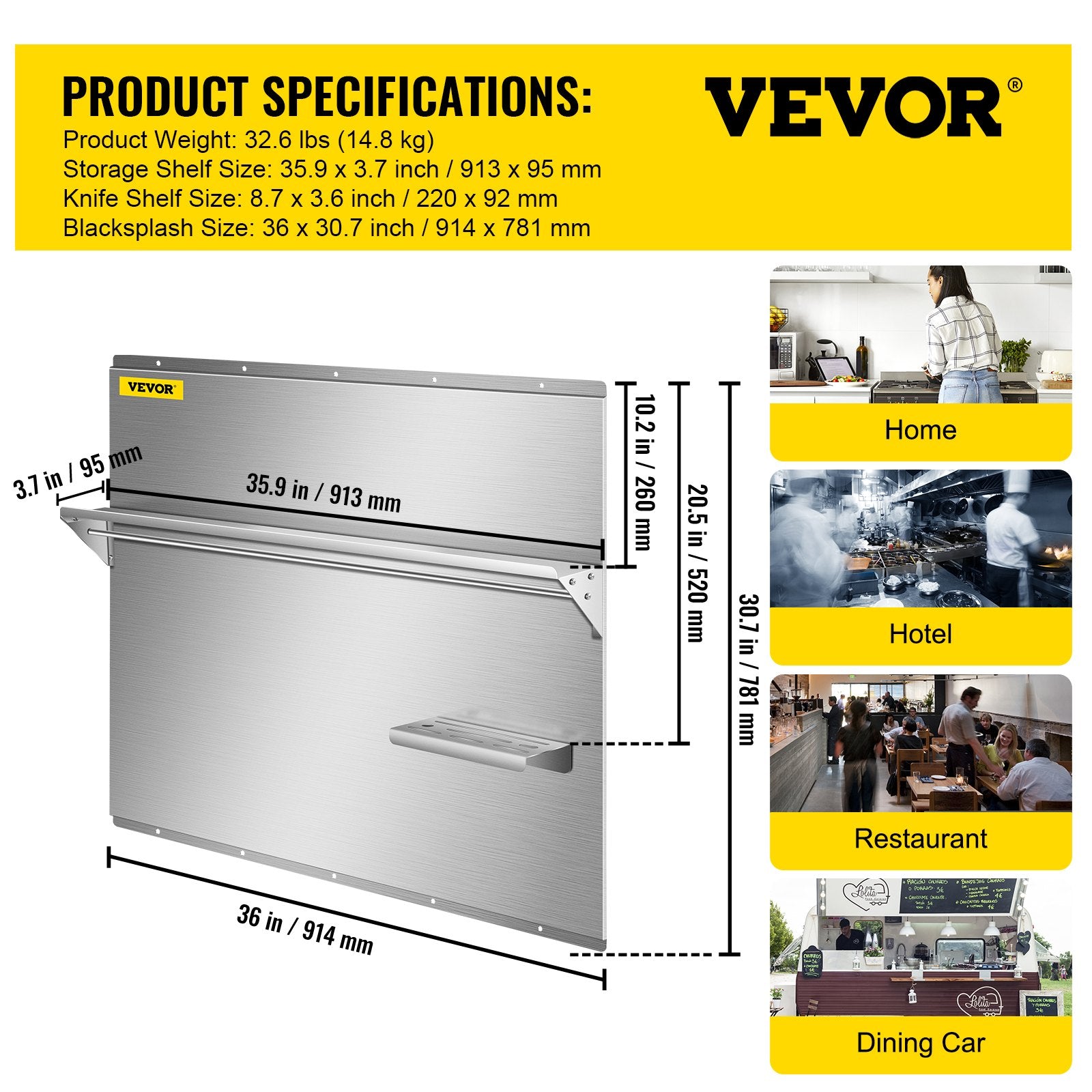 VEVOR Range Backsplash with Shelf 36 x 30.7 Inch Range Hood Wall Shield, Stainless Steel Backsplash Silver Splash Plate for Range Hood Stainless Backsplash with Built-in Storage Shelf and Hanging Rack 
