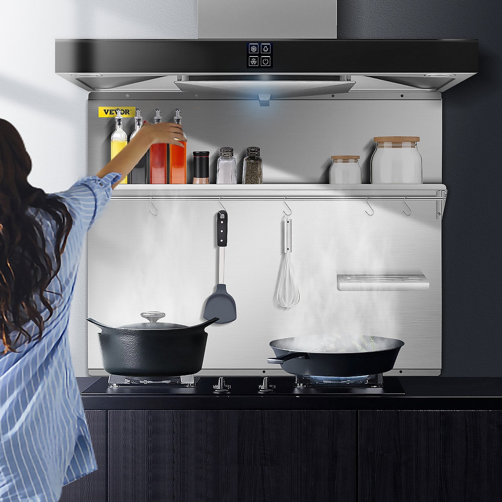 VEVOR Range Backsplash with Shelf 36 x 30.7 Inch Range Hood Wall Shield, Stainless Steel Backsplash Silver Splash Plate for Range Hood Stainless Backsplash with Built-in Storage Shelf and Hanging Rack 