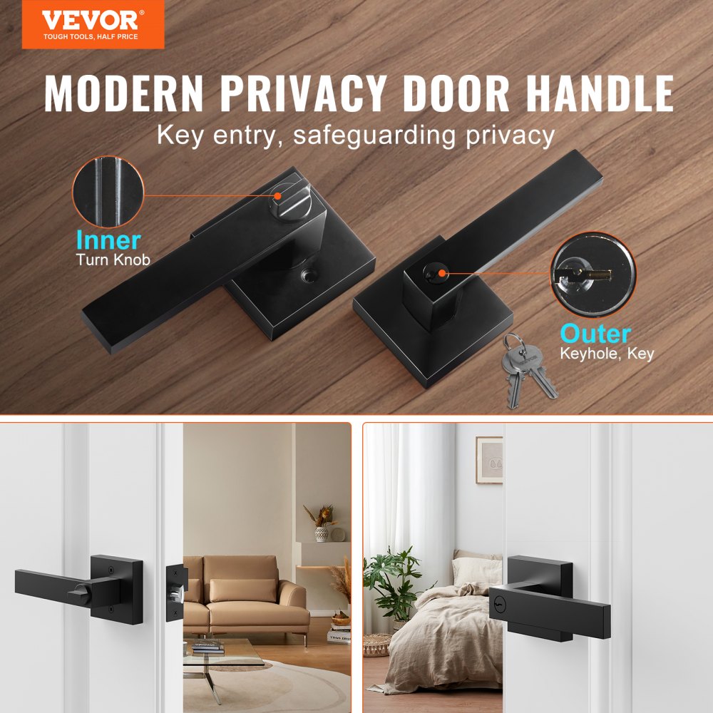 VEVOR Entry Lever Door Handle, 1 PC Black Entry Knob, Lock and Key Locking Lever Set, Contemporary Square Door Lever, Reversible for Right and Left Sided Doors, 45° Rotation to Open, for Front Door 