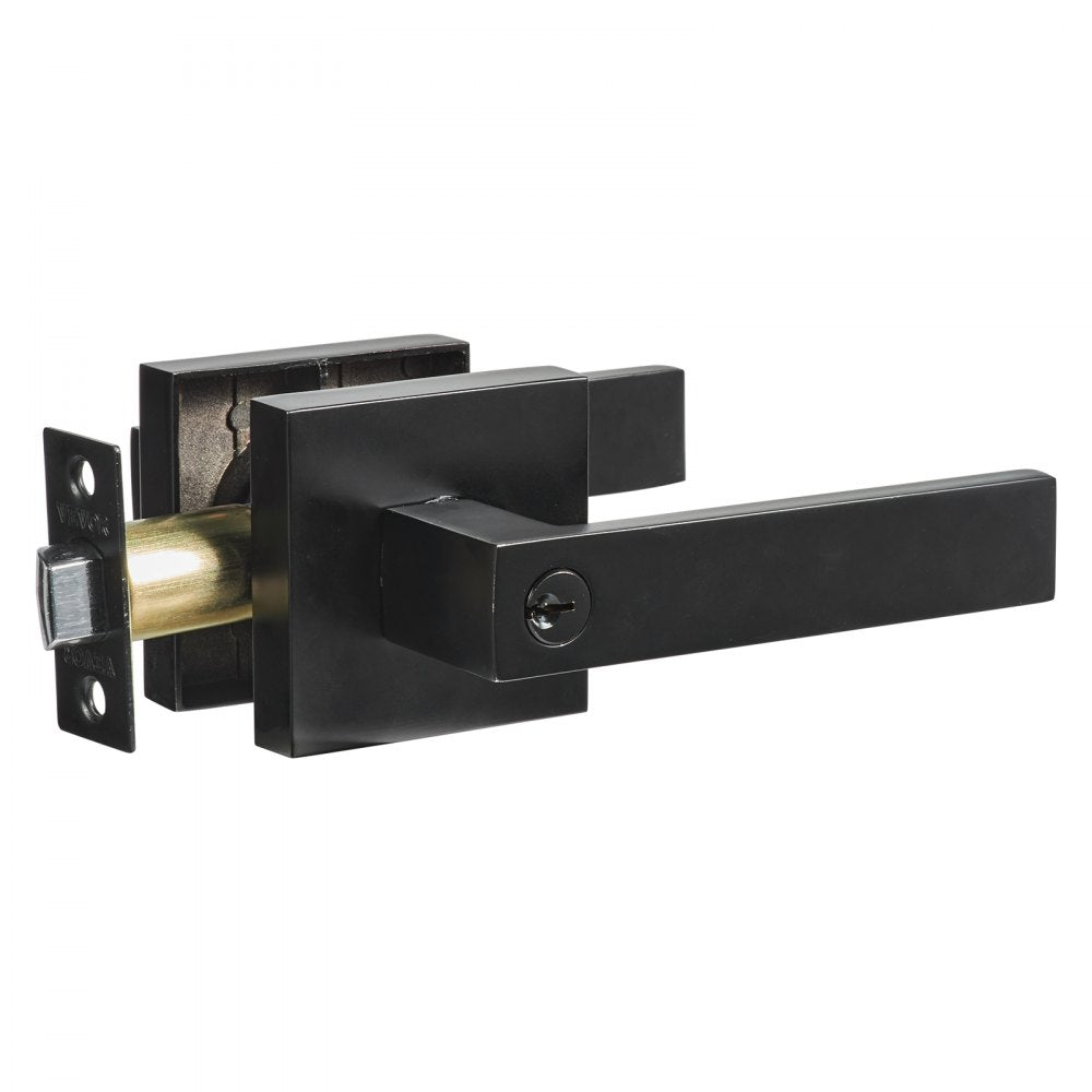 VEVOR Entry Lever Door Handle, 1 PC Black Entry Knob, Lock and Key Locking Lever Set, Contemporary Square Door Lever, Reversible for Right and Left Sided Doors, 45° Rotation to Open, for Front Door 