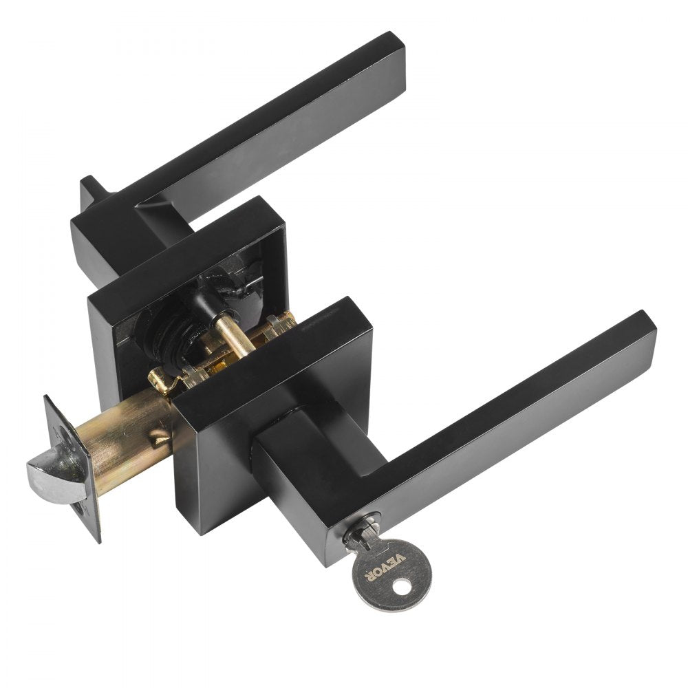 VEVOR Entry Lever Door Handle, 1 PC Black Entry Knob, Lock and Key Locking Lever Set, Contemporary Square Door Lever, Reversible for Right and Left Sided Doors, 45° Rotation to Open, for Front Door 