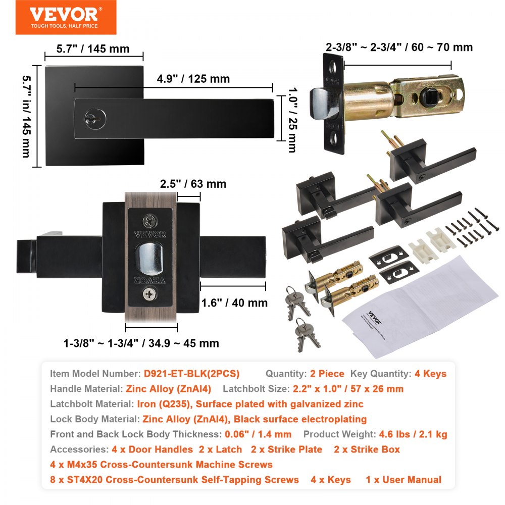 VEVOR Entry Lever Door Handle, 2 PCS Black Entry Knob, Lock and Key Locking Lever Set, Contemporary Square Door Lever, Reversible for Right and Left Sided Doors, 45° Rotation to Open, for Front Door 
