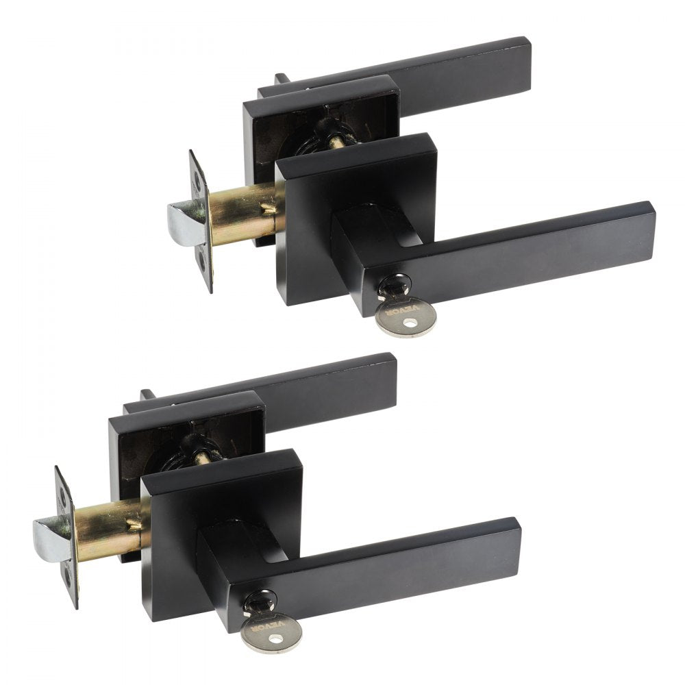VEVOR Entry Lever Door Handle, 2 PCS Black Entry Knob, Lock and Key Locking Lever Set, Contemporary Square Door Lever, Reversible for Right and Left Sided Doors, 45° Rotation to Open, for Front Door 