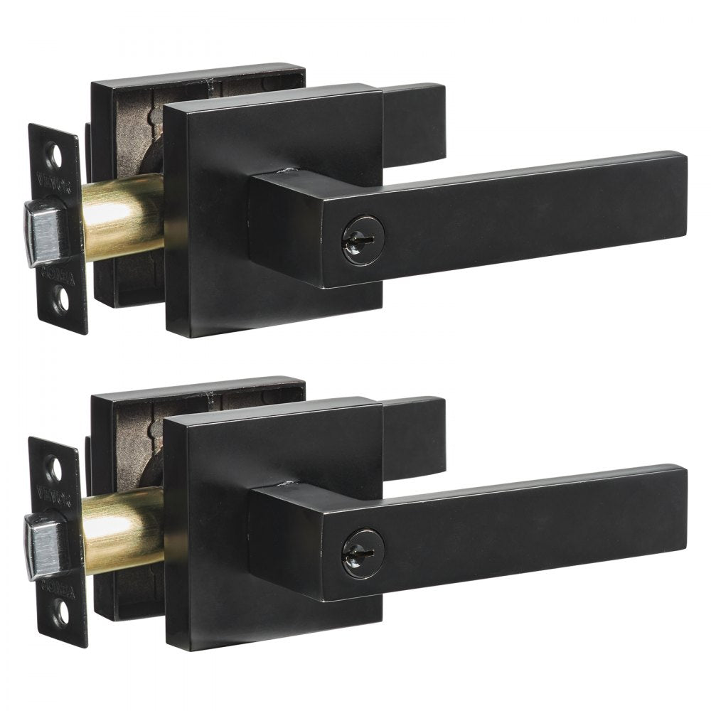 VEVOR Entry Lever Door Handle, 2 PCS Black Entry Knob, Lock and Key Locking Lever Set, Contemporary Square Door Lever, Reversible for Right and Left Sided Doors, 45° Rotation to Open, for Front Door 