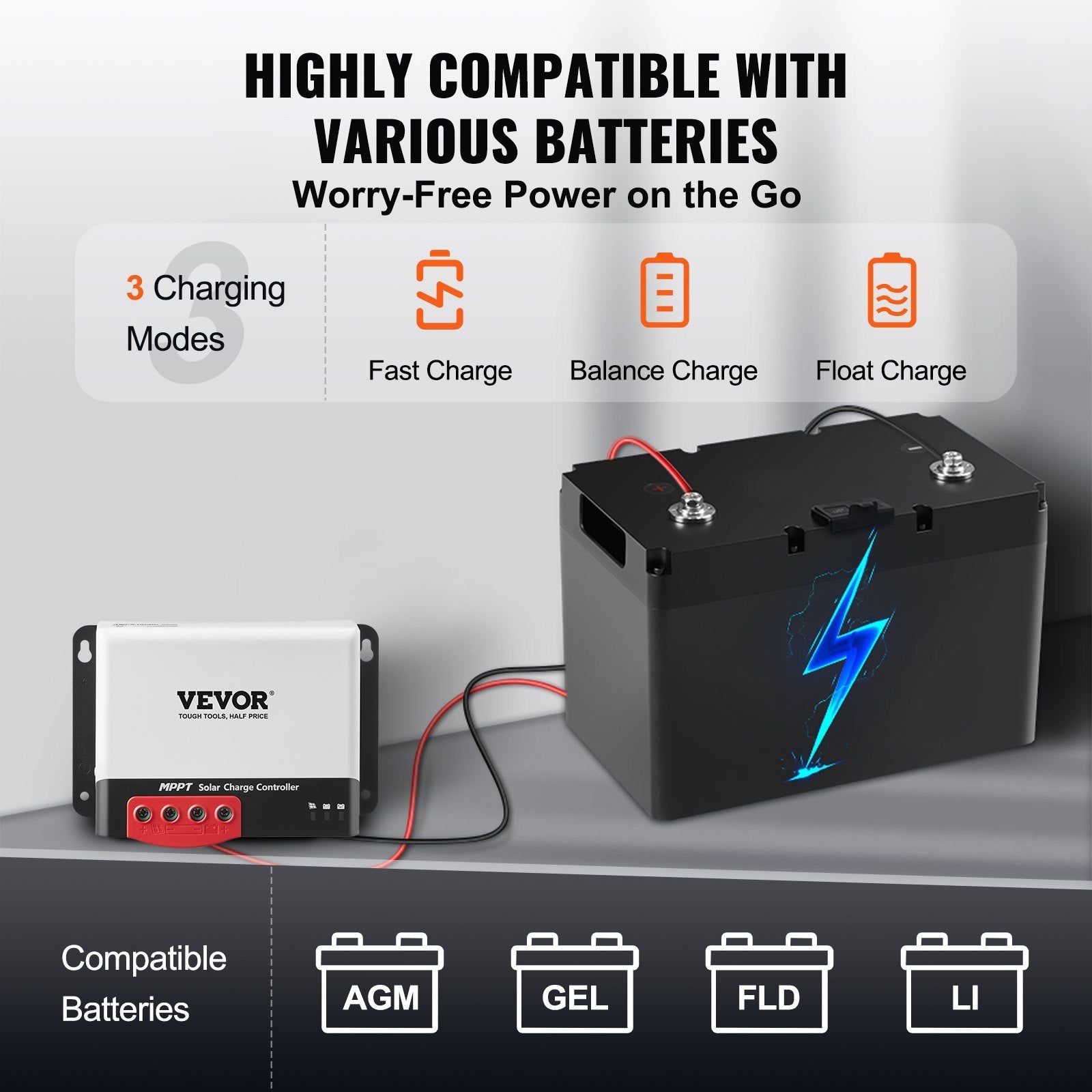 VEVOR 50A MPPT Solar Charge Controller, 12V / 24V Auto DC Input, Solar Panel Regulator Charger with Bluetooth Module, 98% Charging Efficiency for Sealed(AGM), Gel, Flooded and Lithium Battery Charging 