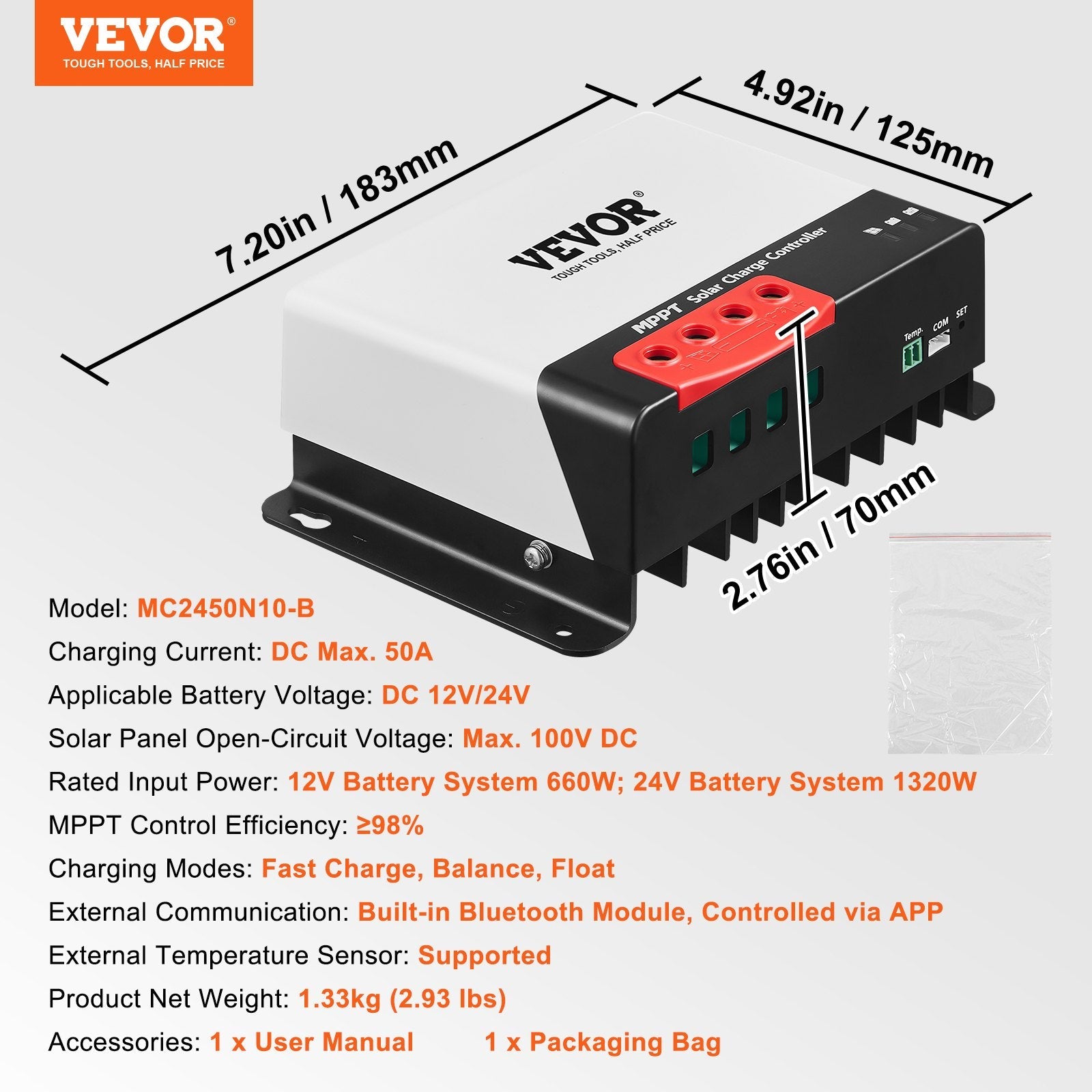 VEVOR 50A MPPT Solar Charge Controller, 12V / 24V Auto DC Input, Solar Panel Regulator Charger with Bluetooth Module, 98% Charging Efficiency for Sealed(AGM), Gel, Flooded and Lithium Battery Charging 