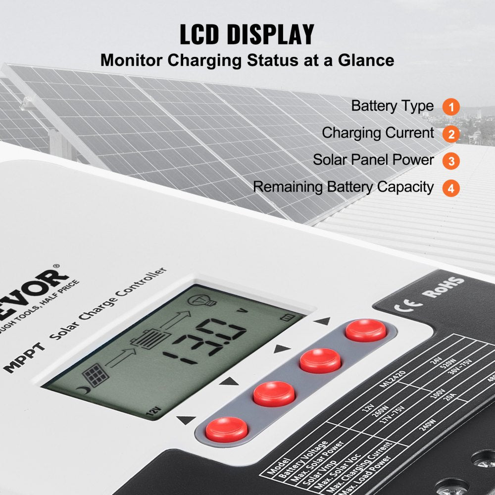 VEVOR 20A MPPT Solar Charge Controller, 12V / 24V Auto DC Input, Solar Panel Regulator Charger with LCD Display Temperature Sensor Cable, for Sealed(AGM), Gel, Flooded and Lithium Battery Charging 