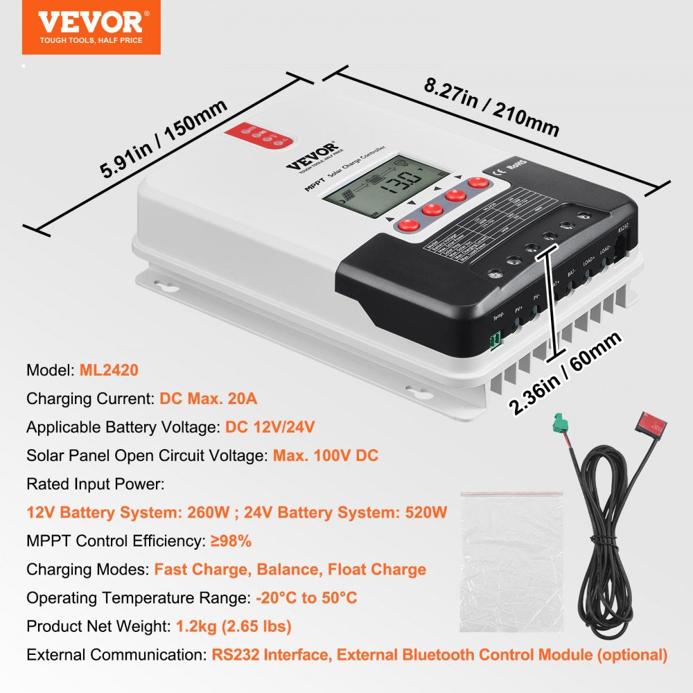 VEVOR 20A MPPT Solar Charge Controller, 12V / 24V Auto DC Input, Solar Panel Regulator Charger with LCD Display Temperature Sensor Cable, for Sealed(AGM), Gel, Flooded and Lithium Battery Charging 
