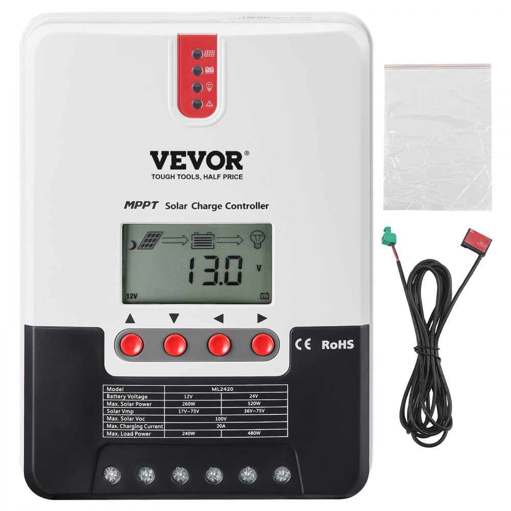 VEVOR 20A MPPT Solar Charge Controller, 12V / 24V Auto DC Input, Solar Panel Regulator Charger with LCD Display Temperature Sensor Cable, for Sealed(AGM), Gel, Flooded and Lithium Battery Charging 