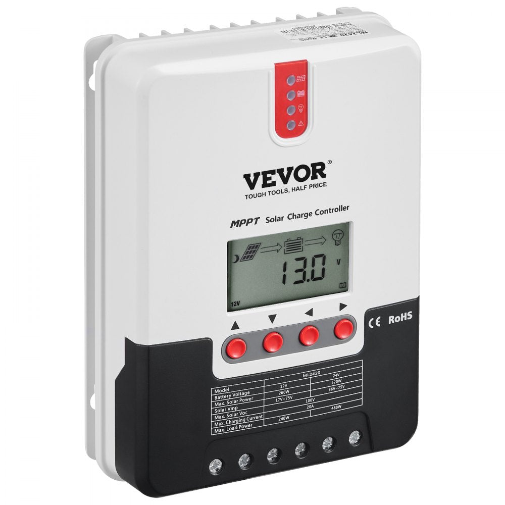 VEVOR 20A MPPT Solar Charge Controller, 12V / 24V Auto DC Input, Solar Panel Regulator Charger with LCD Display Temperature Sensor Cable, for Sealed(AGM), Gel, Flooded and Lithium Battery Charging 