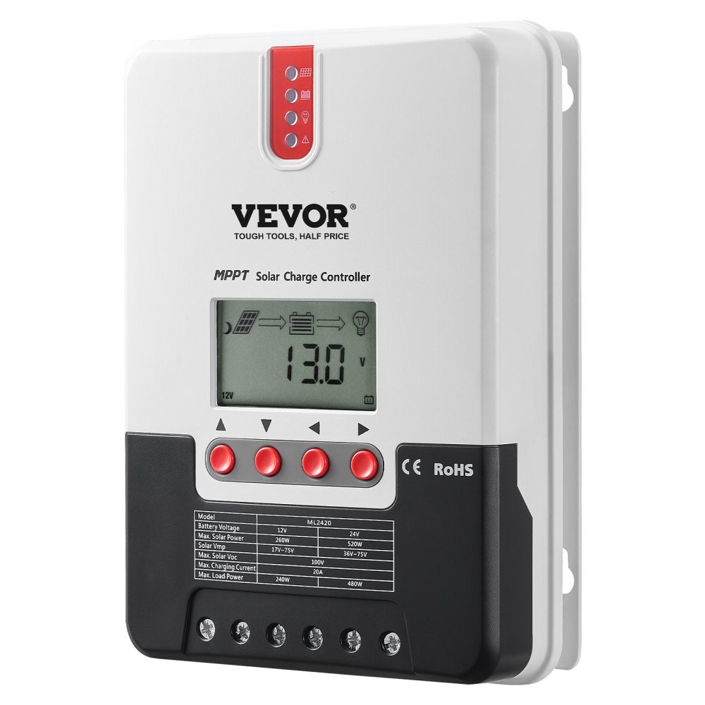 VEVOR 20A MPPT Solar Charge Controller, 12V / 24V Auto DC Input, Solar Panel Regulator Charger with LCD Display Temperature Sensor Cable, for Sealed(AGM), Gel, Flooded and Lithium Battery Charging 