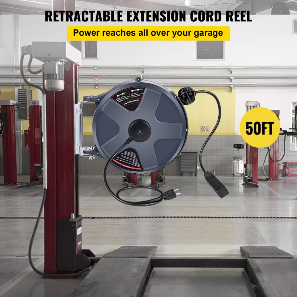 VEVOR Retractable Extension Cord Reel 50+3.2FT, 16/3 SJT Power Cord Reel, Heavy Duty Electric Cord Reel, Wall/Ceiling Mount Retractable Cord Reel, Automatic Flexible Triple Tap Connector with Stopper 