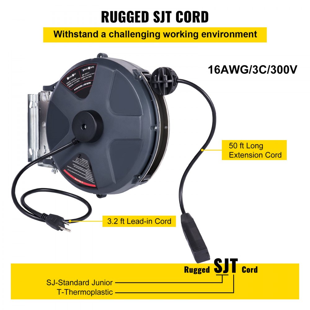 VEVOR Retractable Extension Cord Reel 50+3.2FT, 16/3 SJT Power Cord Reel, Heavy Duty Electric Cord Reel, Wall/Ceiling Mount Retractable Cord Reel, Automatic Flexible Triple Tap Connector with Stopper 
