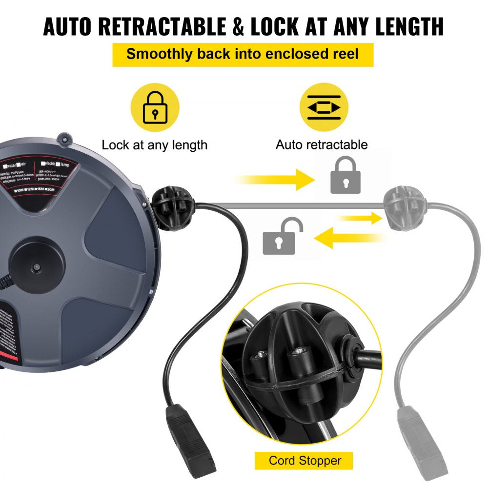VEVOR Retractable Extension Cord Reel 50+3.2FT, 16/3 SJT Power Cord Reel, Heavy Duty Electric Cord Reel, Wall/Ceiling Mount Retractable Cord Reel, Automatic Flexible Triple Tap Connector with Stopper 
