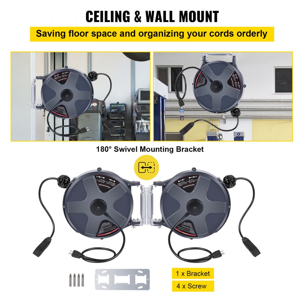 VEVOR Retractable Extension Cord Reel 50+3.2FT, 16/3 SJT Power Cord Reel, Heavy Duty Electric Cord Reel, Wall/Ceiling Mount Retractable Cord Reel, Automatic Flexible Triple Tap Connector with Stopper 