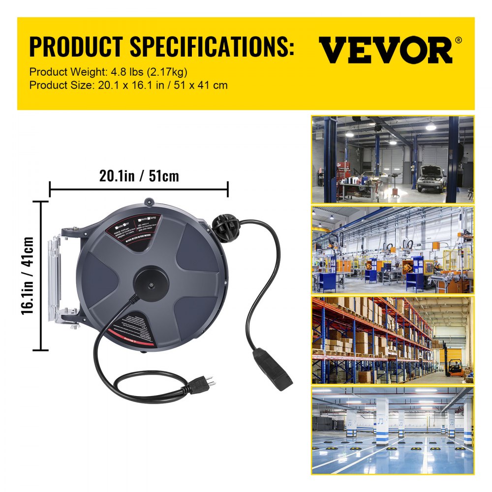 VEVOR Retractable Extension Cord Reel 50+3.2FT, 16/3 SJT Power Cord Reel, Heavy Duty Electric Cord Reel, Wall/Ceiling Mount Retractable Cord Reel, Automatic Flexible Triple Tap Connector with Stopper 
