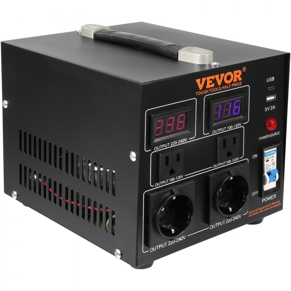 VEVOR Voltage Converter Transformer, 2000W, Heavy Duty Step Up/Down Transformer, Convert from 110 Volt to 220 Volt and  from 220 Volt to 110 Volt, with US Outlet EU Outlet 5V USB Port, CE Certified 