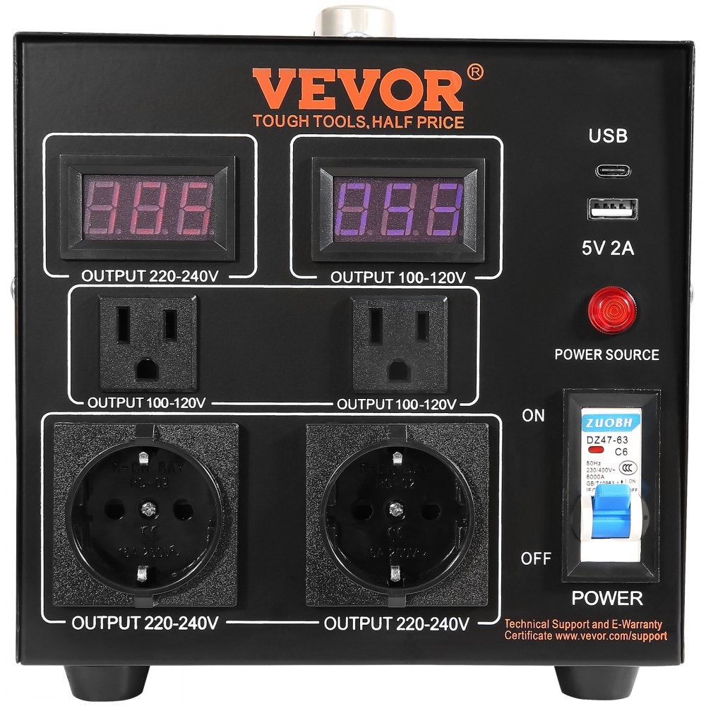 VEVOR Voltage Converter Transformer, 2000W, Heavy Duty Step Up/Down Transformer, Convert from 110 Volt to 220 Volt and  from 220 Volt to 110 Volt, with US Outlet EU Outlet 5V USB Port, CE Certified 