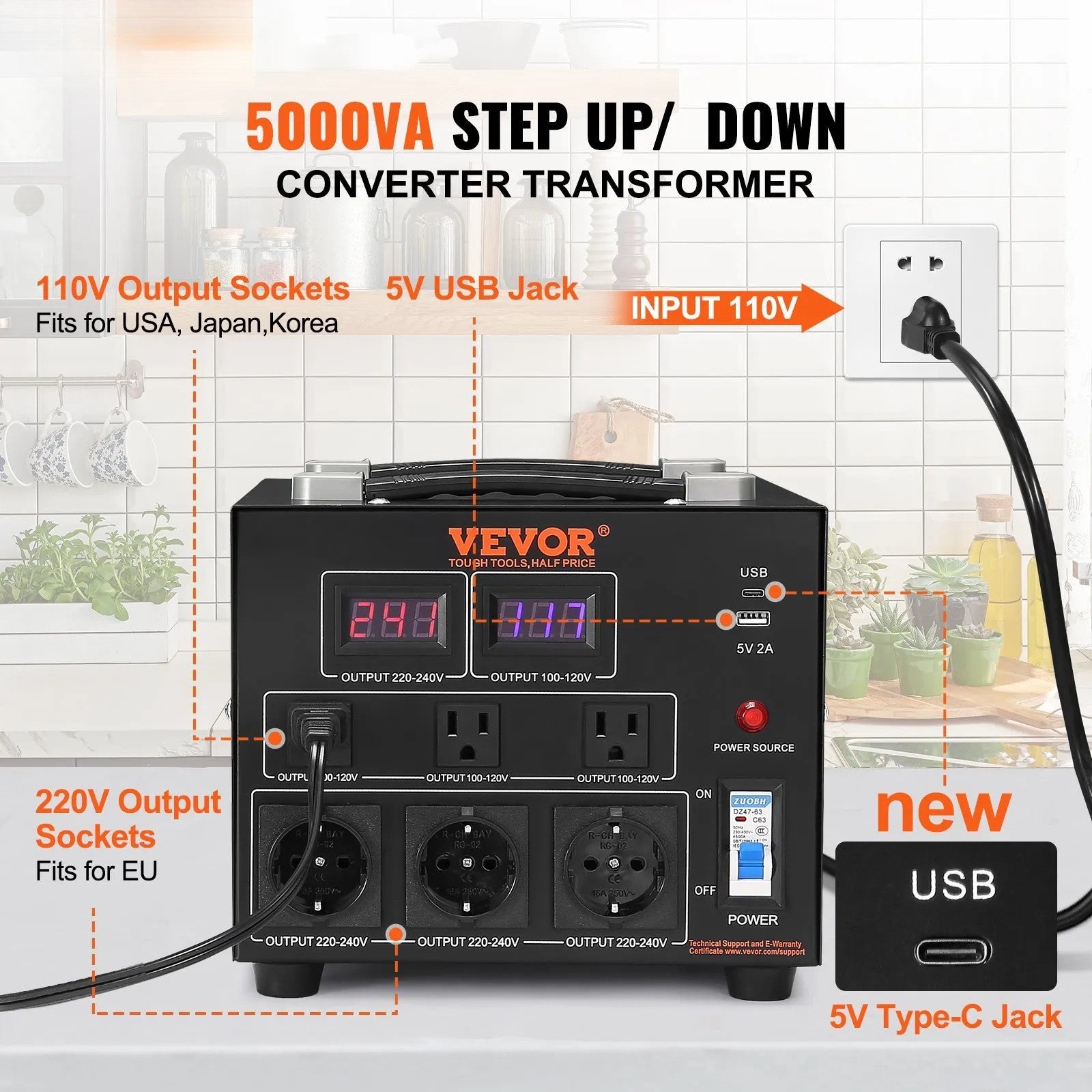 VEVOR Voltage Converter Transformer, 5000W, Heavy Duty Step Up/Down Transformer, Convert from 110 Volt to 220 Volt and from 220 Volt to 110 Volt, with US Outlet EU Outlet 5V USB Port, CE Certified 