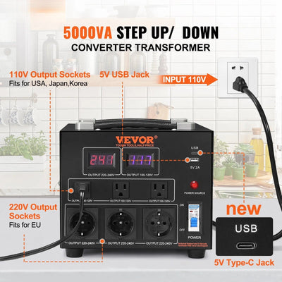 VEVOR Voltage Converter Transformer, 5000W, Heavy Duty Step Up/Down Transformer, Convert from 110 Volt to 220 Volt and from 220 Volt to 110 Volt, with US Outlet EU Outlet 5V USB Port, CE Certified 