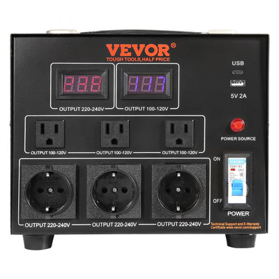 VEVOR Voltage Converter Transformer, 3000W, Heavy Duty Step Up/Down Transformer, Convert from 110 Volt to 220 Volt and  from 220 Volt to 110 Volt, with US Outlet EU Outlet 5V USB Port, CE Certified 