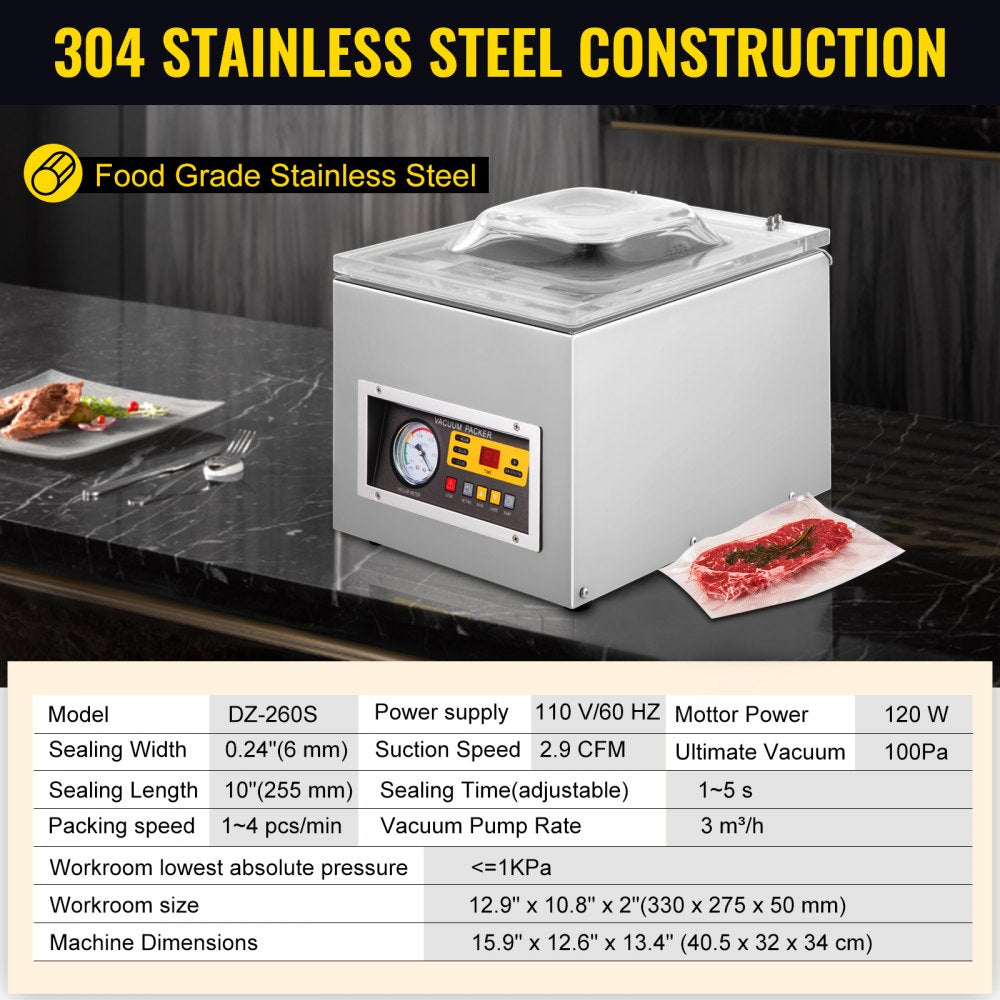 VEVOR Chamber Vacuum Sealer Machine DZ 260S Commercial Kitchen Food Chamber Vacuum Sealer, 110V Packaging Machine Sealer for Food Saver, Home, Commercial Using 