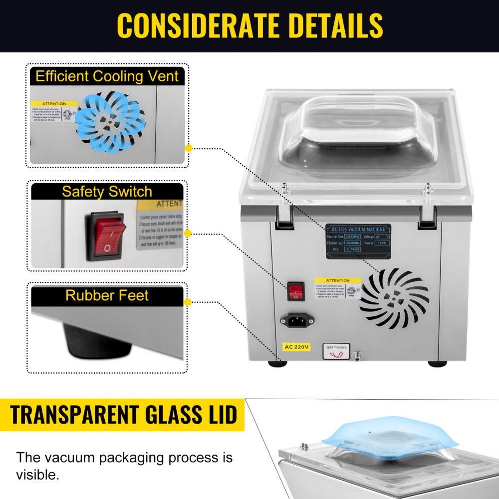 VEVOR Chamber Vacuum Sealer Machine DZ 260S Commercial Kitchen Food Chamber Vacuum Sealer, 110V Packaging Machine Sealer for Food Saver, Home, Commercial Using 