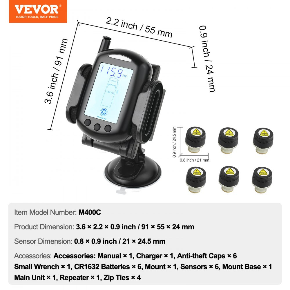 VEVOR RV Tire Pressure Monitoring System Real Time Trailer TPMS 6 Sensors 
