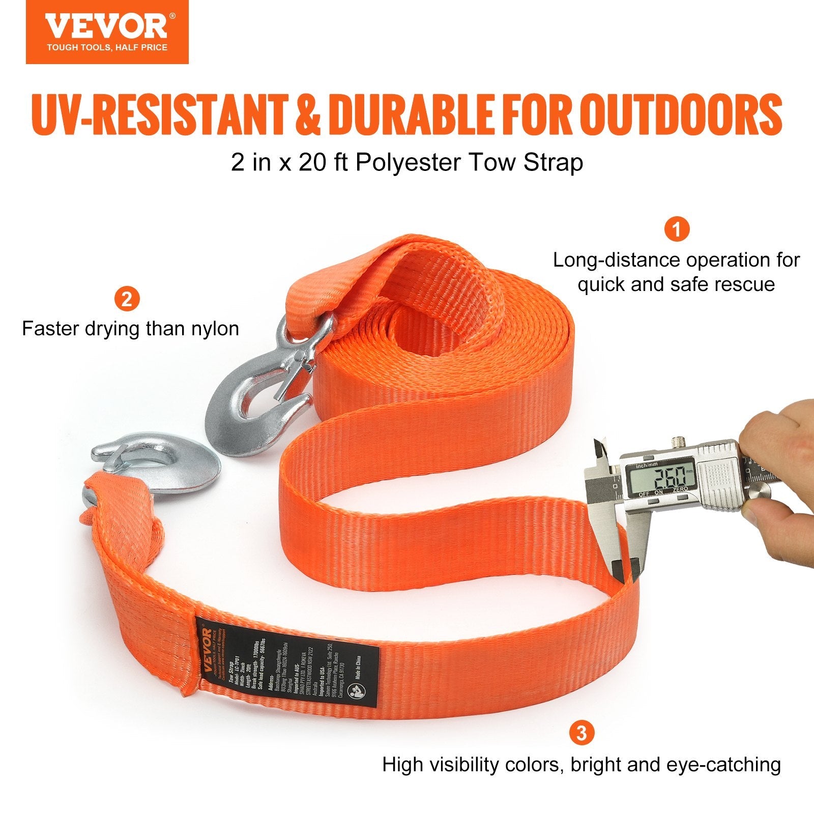 VEVOR ATV Car Tow Strap with Hooks 2"x20' 17000 lbs, Tow Straps with Safety Hooks, Car Heavy Duty Recovery Rope for Trucks Vehicles Towing Accessories, Tow Cable for for Roadside Recovery 