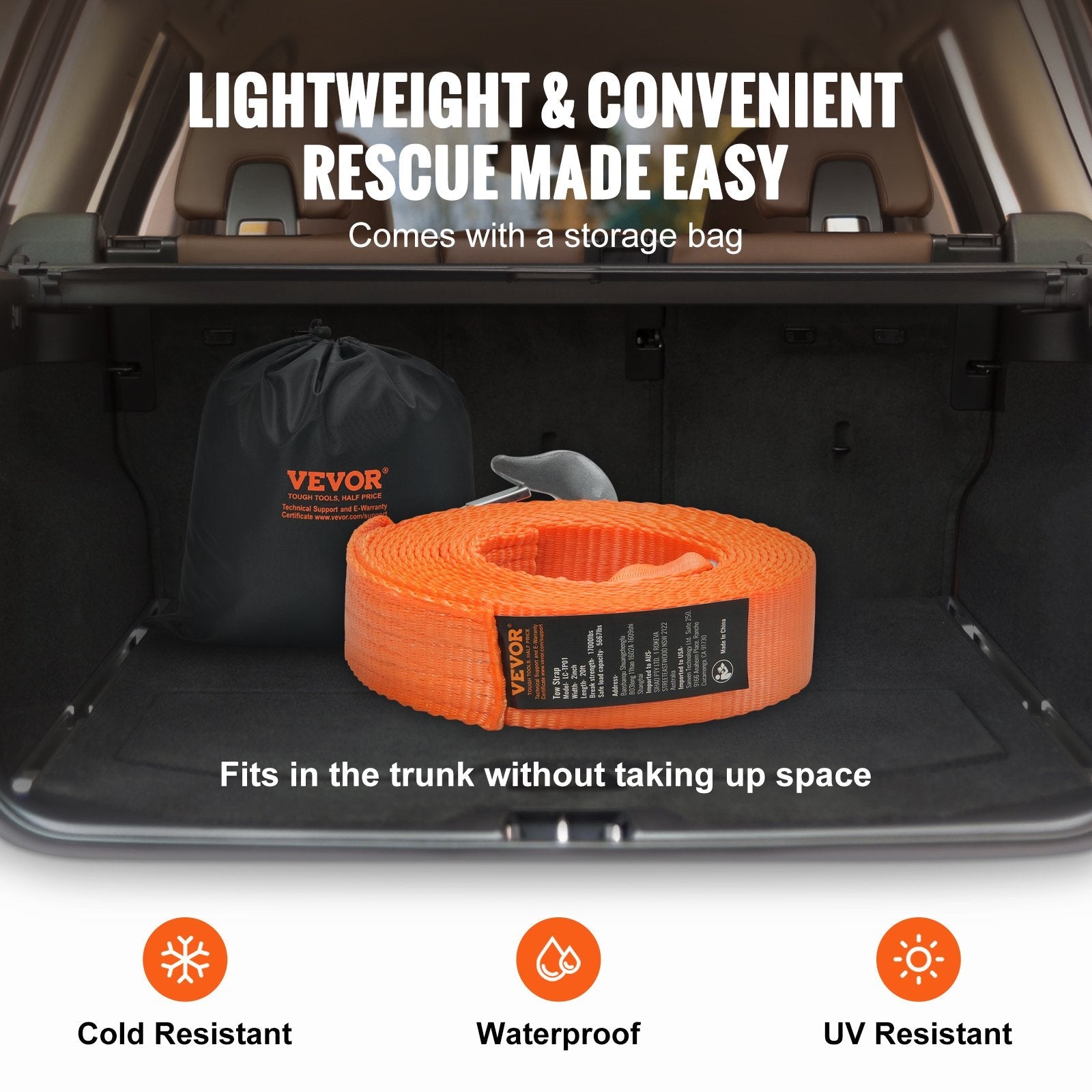 VEVOR ATV Car Tow Strap with Hooks 2"x20' 17000 lbs, Tow Straps with Safety Hooks, Car Heavy Duty Recovery Rope for Trucks Vehicles Towing Accessories, Tow Cable for for Roadside Recovery 