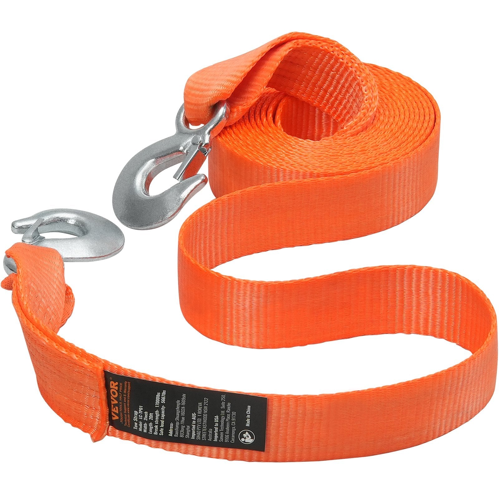 VEVOR ATV Car Tow Strap with Hooks 2"x20' 17000 lbs, Tow Straps with Safety Hooks, Car Heavy Duty Recovery Rope for Trucks Vehicles Towing Accessories, Tow Cable for for Roadside Recovery 
