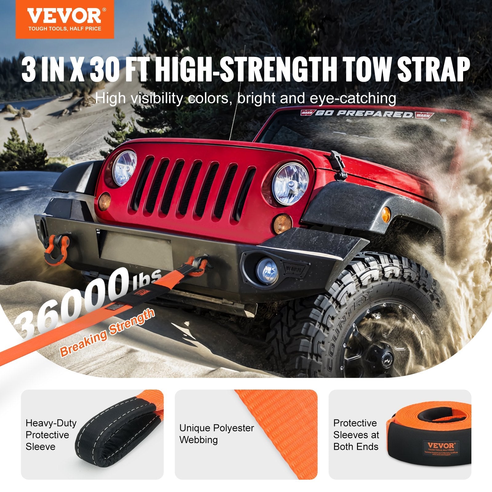 VEVOR Heavy Duty Tow Strap Recovery Kit 3" x 30 ft (MBS-36,000 lbs) Tree Saver Winch Strap, Triple Reinforced Loop & Protective Sleeves & Storage Bag , 3/4" D-Ring Shackles, for Truck Jeep SUV ATV 