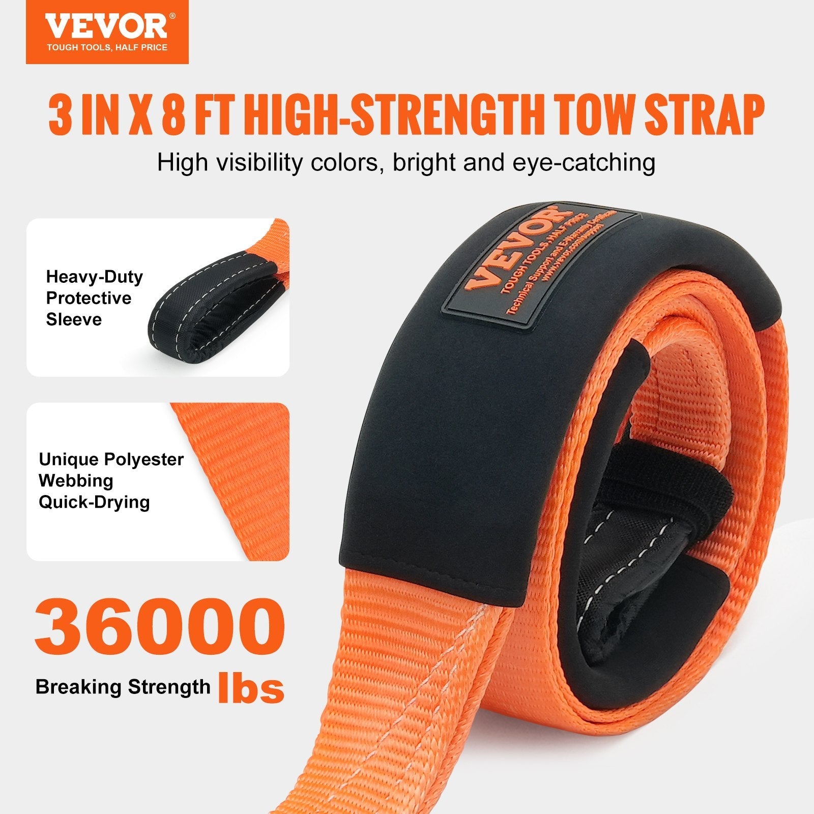 VEVOR Recovery Tow Strap 3 inches, 8 feet 36,000 lbs Break Strength, Triple Reinforced Loop Straps, Tree Saver, Winch Line Extension Strap, Off Road Towing and Recovery, Extreme Weather Resistance 