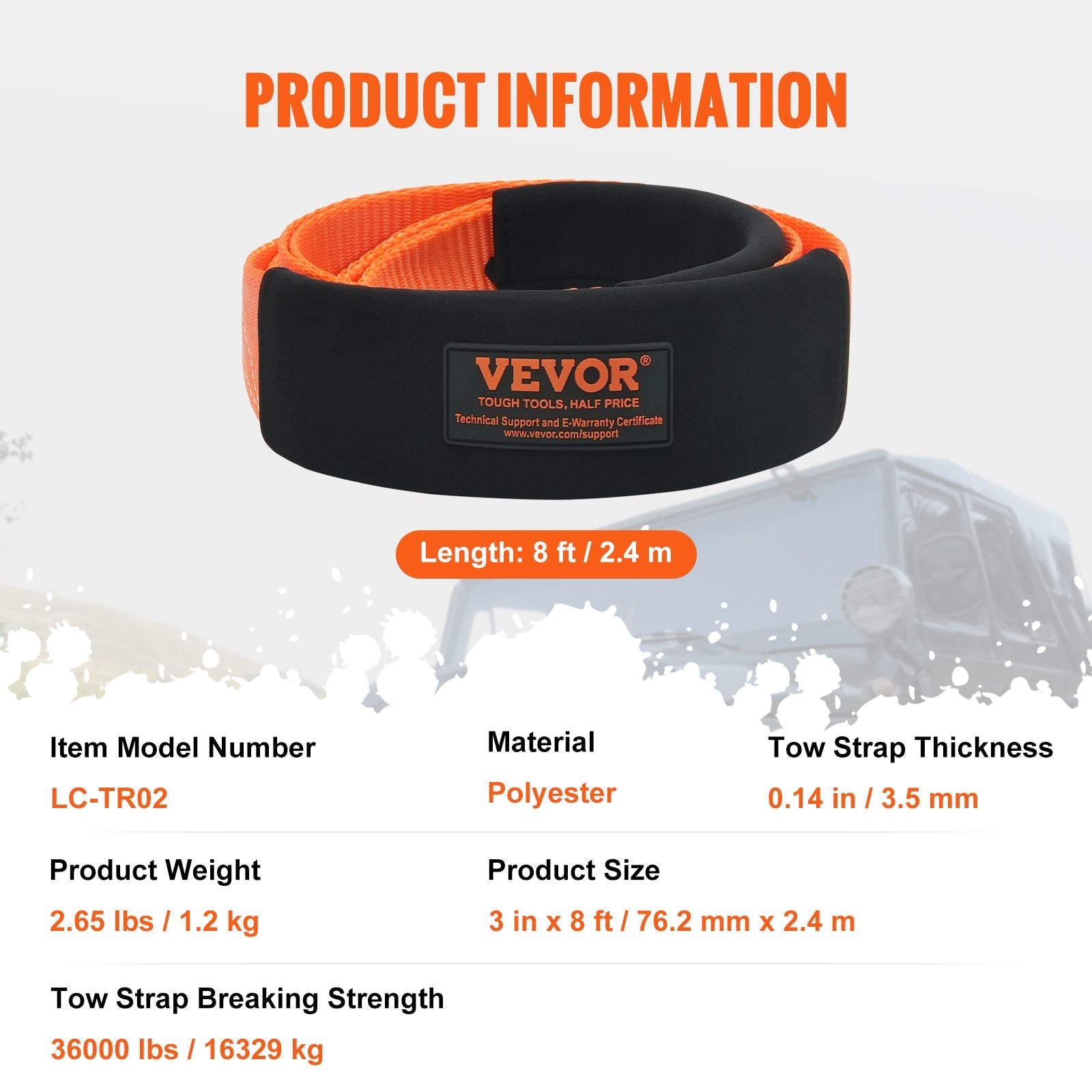 VEVOR Recovery Tow Strap 3 inches, 8 feet 36,000 lbs Break Strength, Triple Reinforced Loop Straps, Tree Saver, Winch Line Extension Strap, Off Road Towing and Recovery, Extreme Weather Resistance 