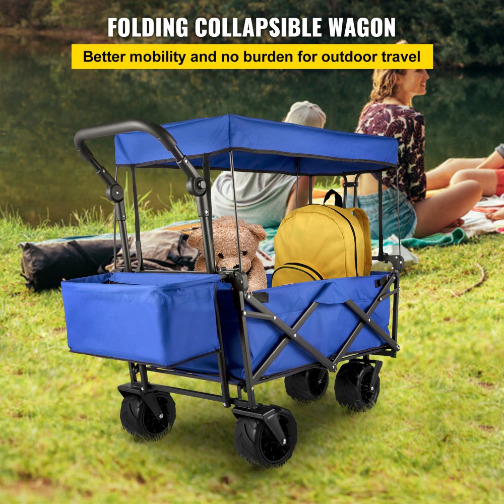 VEVOR Blue Collapsible Wagon Cart, Foldable Wagon Cart Removable Canopy 600D Oxford Cloth, Collapsible Wagon Oversized Wheels, Portable Folding Wagon Adjustable Handles, For Beach, Garden, Sports 