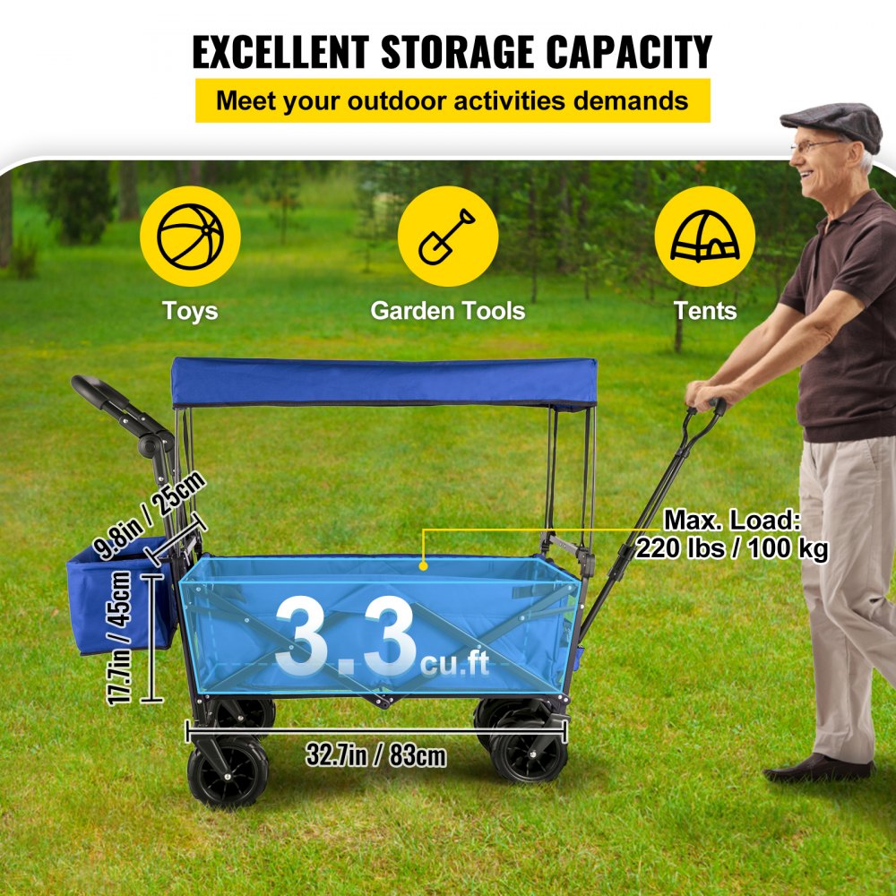 VEVOR Blue Collapsible Wagon Cart, Foldable Wagon Cart Removable Canopy 600D Oxford Cloth, Collapsible Wagon Oversized Wheels, Portable Folding Wagon Adjustable Handles, For Beach, Garden, Sports 