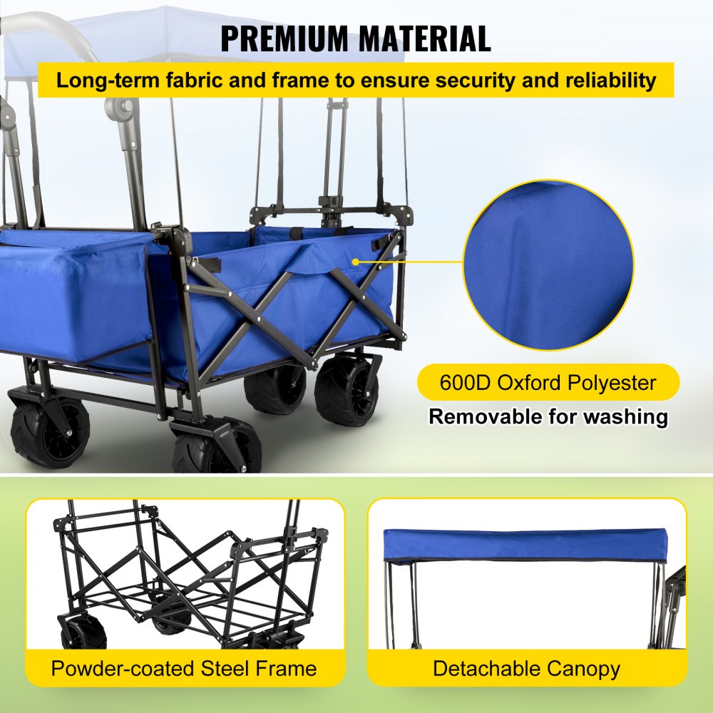VEVOR Blue Collapsible Wagon Cart, Foldable Wagon Cart Removable Canopy 600D Oxford Cloth, Collapsible Wagon Oversized Wheels, Portable Folding Wagon Adjustable Handles, For Beach, Garden, Sports 