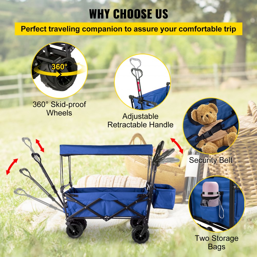 VEVOR Blue Collapsible Wagon Cart, Foldable Wagon Cart Removable Canopy 600D Oxford Cloth, Collapsible Wagon Oversized Wheels, Portable Folding Wagon Adjustable Handles, For Beach, Garden, Sports 