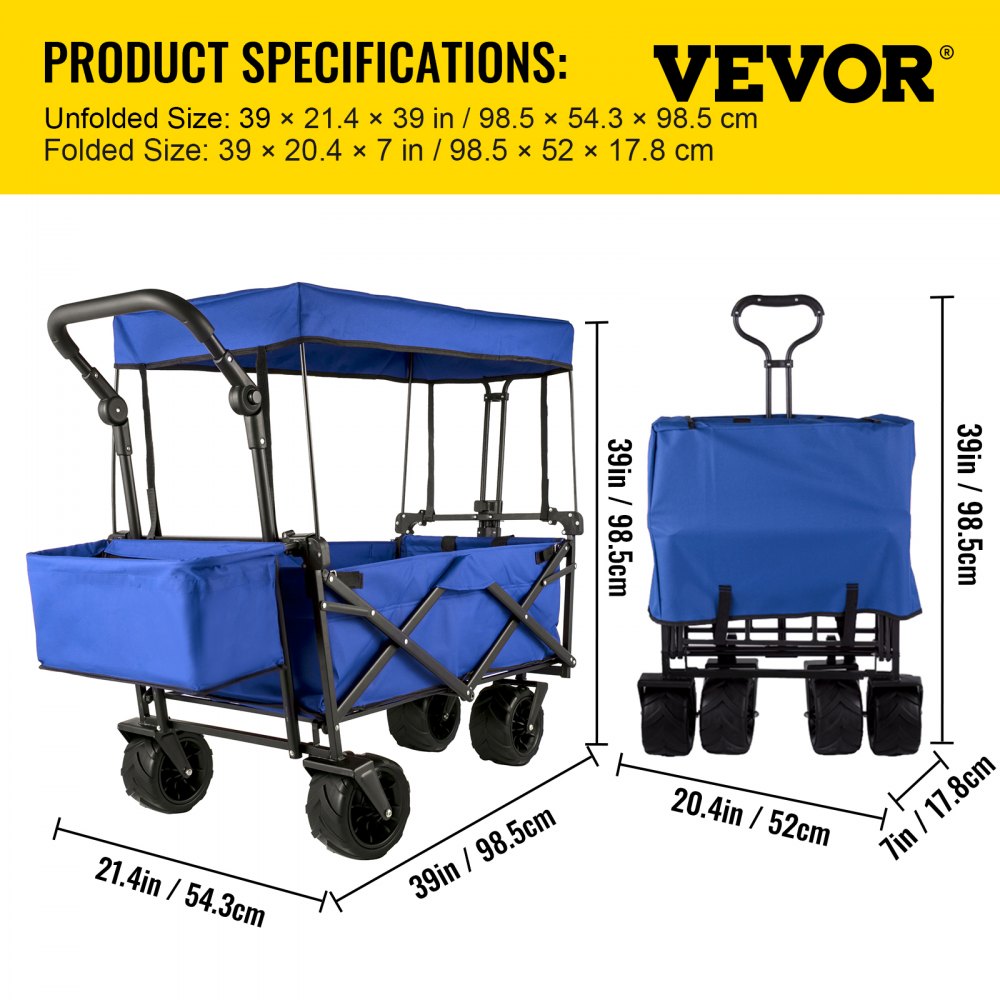 VEVOR Blue Collapsible Wagon Cart, Foldable Wagon Cart Removable Canopy 600D Oxford Cloth, Collapsible Wagon Oversized Wheels, Portable Folding Wagon Adjustable Handles, For Beach, Garden, Sports 