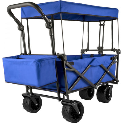 VEVOR Blue Collapsible Wagon Cart, Foldable Wagon Cart Removable Canopy 600D Oxford Cloth, Collapsible Wagon Oversized Wheels, Portable Folding Wagon Adjustable Handles, For Beach, Garden, Sports 