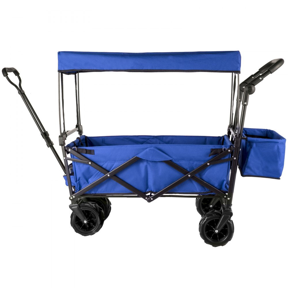VEVOR Blue Collapsible Wagon Cart, Foldable Wagon Cart Removable Canopy 600D Oxford Cloth, Collapsible Wagon Oversized Wheels, Portable Folding Wagon Adjustable Handles, For Beach, Garden, Sports 
