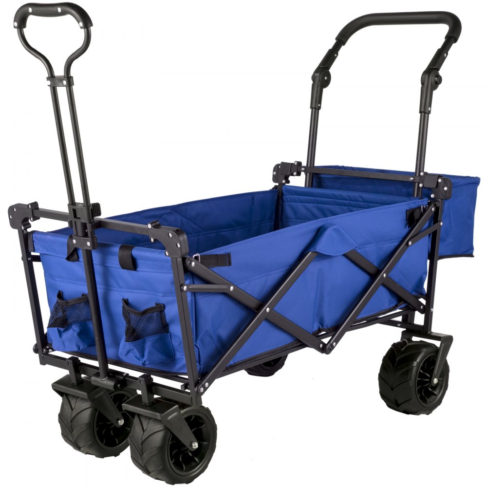 VEVOR Blue Collapsible Wagon Cart, Foldable Wagon Cart Removable Canopy 600D Oxford Cloth, Collapsible Wagon Oversized Wheels, Portable Folding Wagon Adjustable Handles, For Beach, Garden, Sports 
