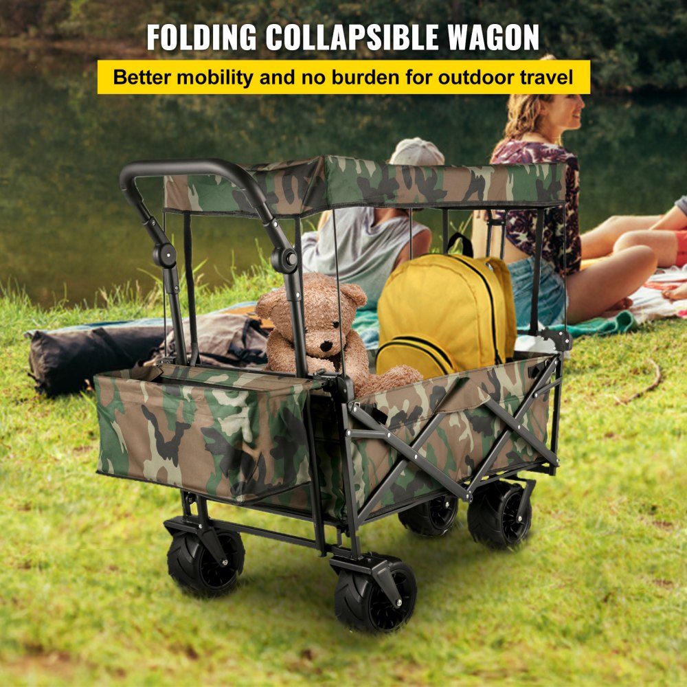 VEVOR Collapsible Wagon Cart Camouflage, Foldable Wagon Cart Removable Canopy 600D Oxford Cloth, Collapsible Wagon Oversized Wheels, Portable Folding Wagon Adjustable Handles, Beach, Garden, Sports 