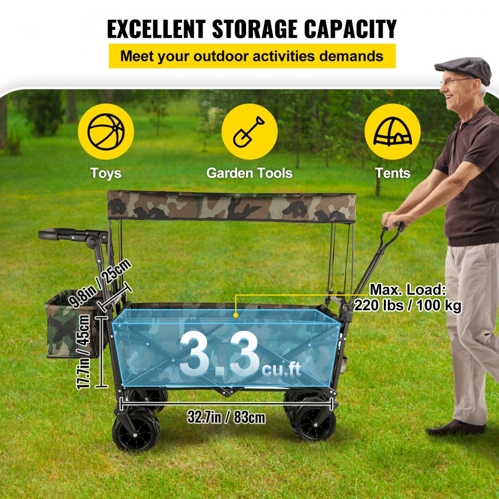 VEVOR Collapsible Wagon Cart Camouflage, Foldable Wagon Cart Removable Canopy 600D Oxford Cloth, Collapsible Wagon Oversized Wheels, Portable Folding Wagon Adjustable Handles, Beach, Garden, Sports 