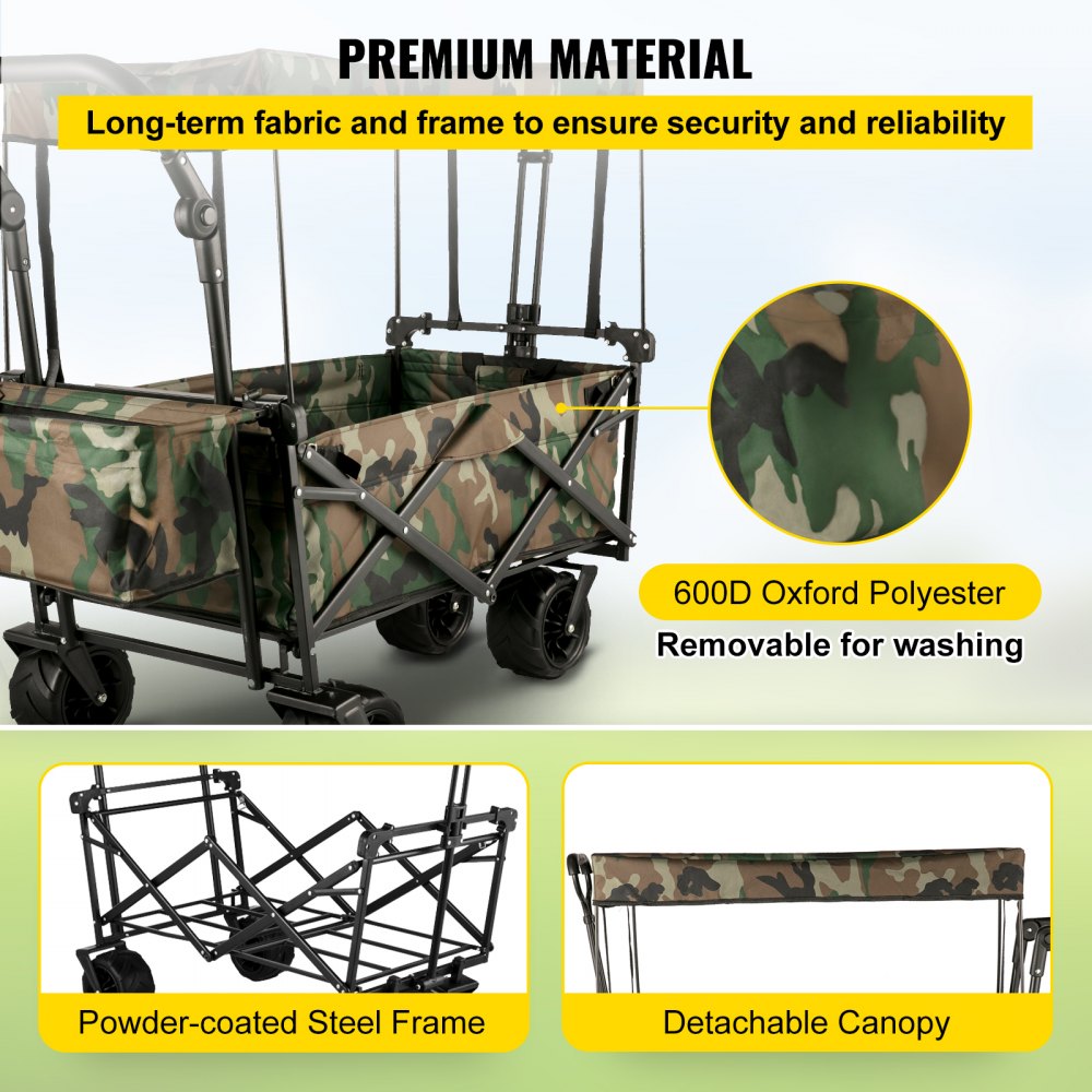 VEVOR Collapsible Wagon Cart Camouflage, Foldable Wagon Cart Removable Canopy 600D Oxford Cloth, Collapsible Wagon Oversized Wheels, Portable Folding Wagon Adjustable Handles, Beach, Garden, Sports 