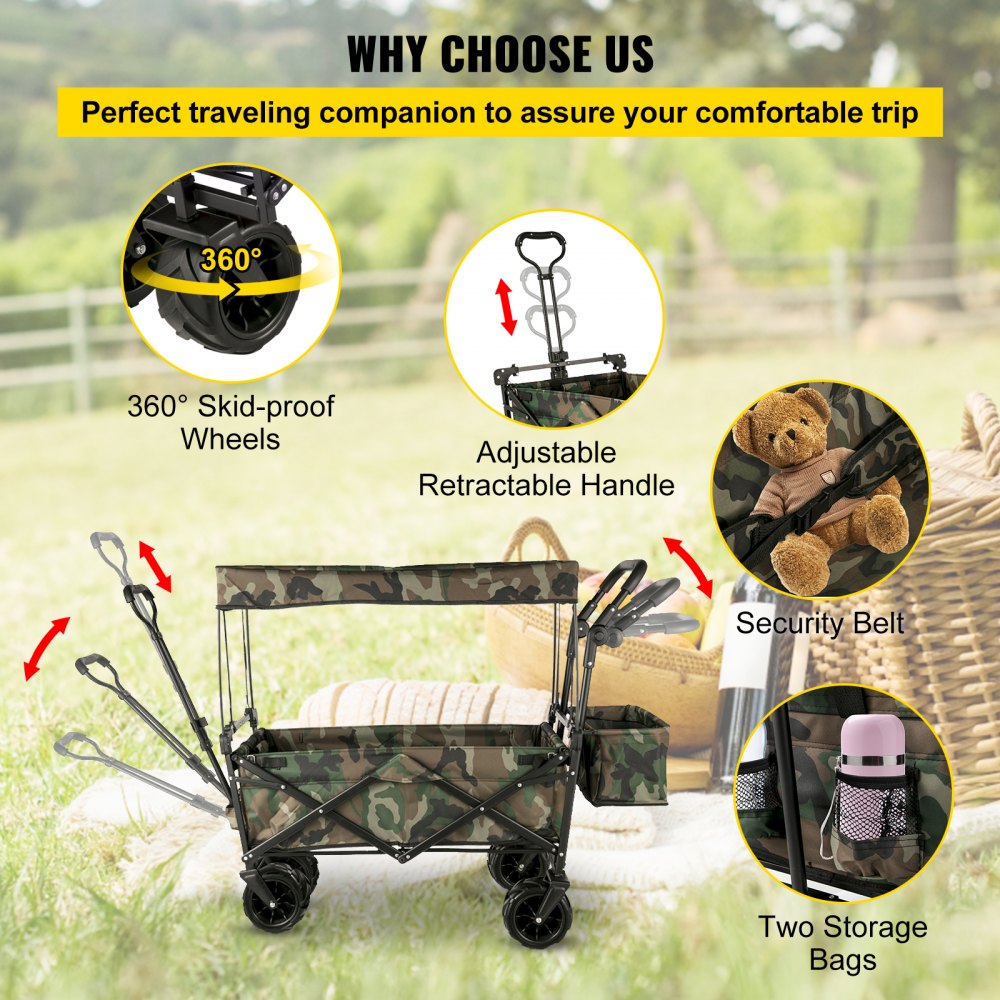 VEVOR Collapsible Wagon Cart Camouflage, Foldable Wagon Cart Removable Canopy 600D Oxford Cloth, Collapsible Wagon Oversized Wheels, Portable Folding Wagon Adjustable Handles, Beach, Garden, Sports 
