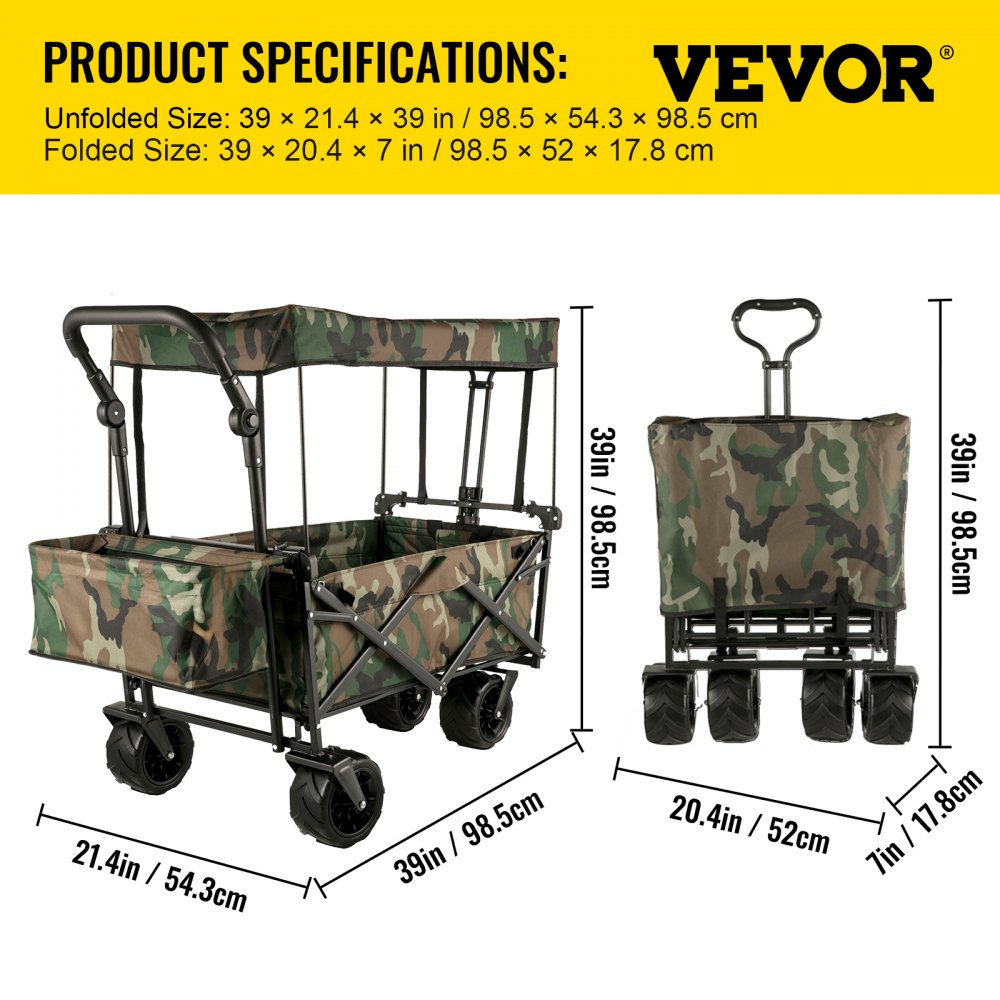 VEVOR Collapsible Wagon Cart Camouflage, Foldable Wagon Cart Removable Canopy 600D Oxford Cloth, Collapsible Wagon Oversized Wheels, Portable Folding Wagon Adjustable Handles, Beach, Garden, Sports 